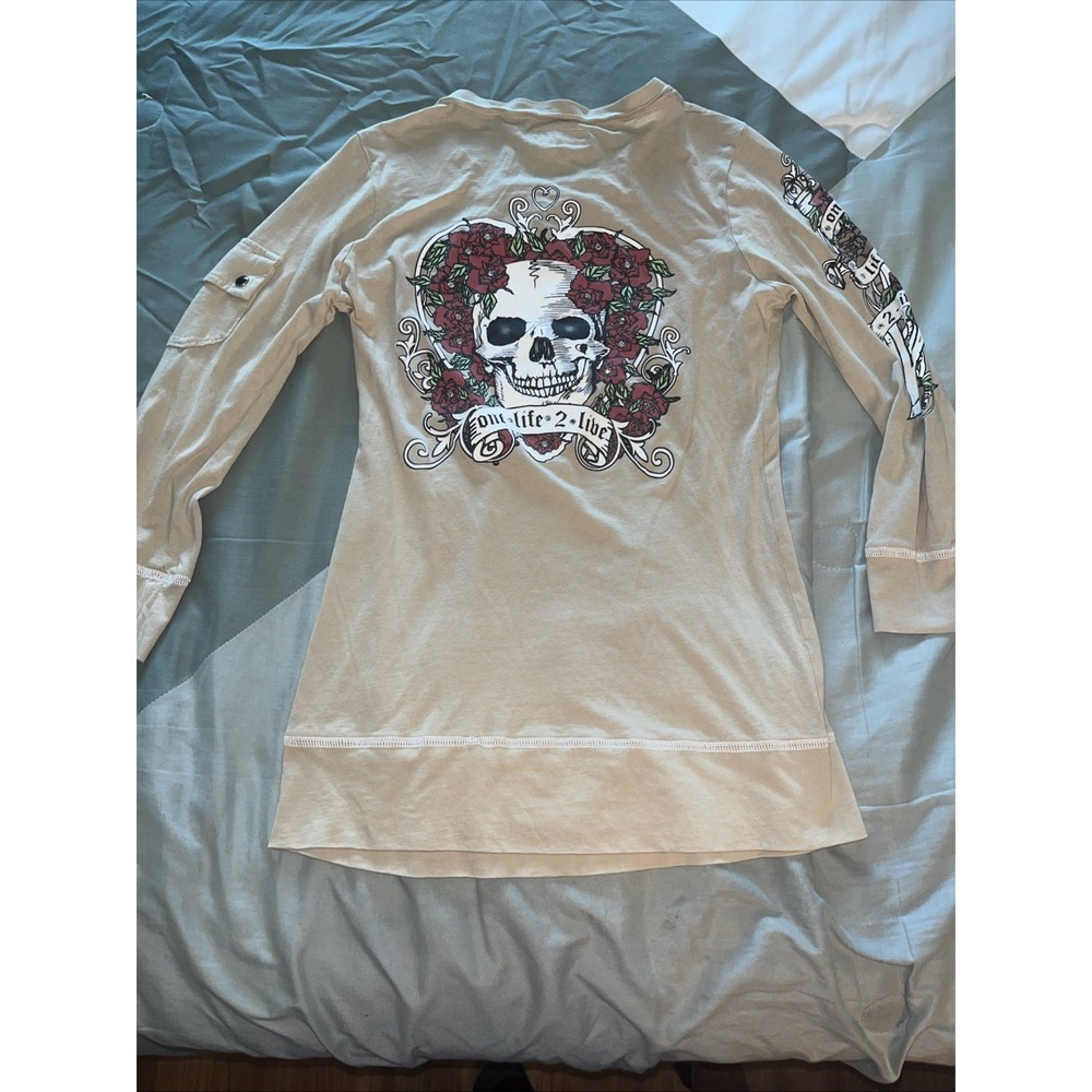 One Life 2 Live Shirt Size Small Tan Long Sleeve Made In USA Y2K Skull - Picture 5 of 7